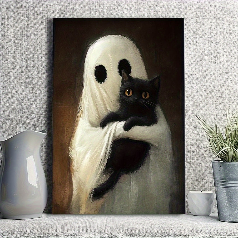 Ghost Hugging a Black Cat Canvas Wall Art, Vintage Dark Academia Halloween Portrait — artwork and room preview