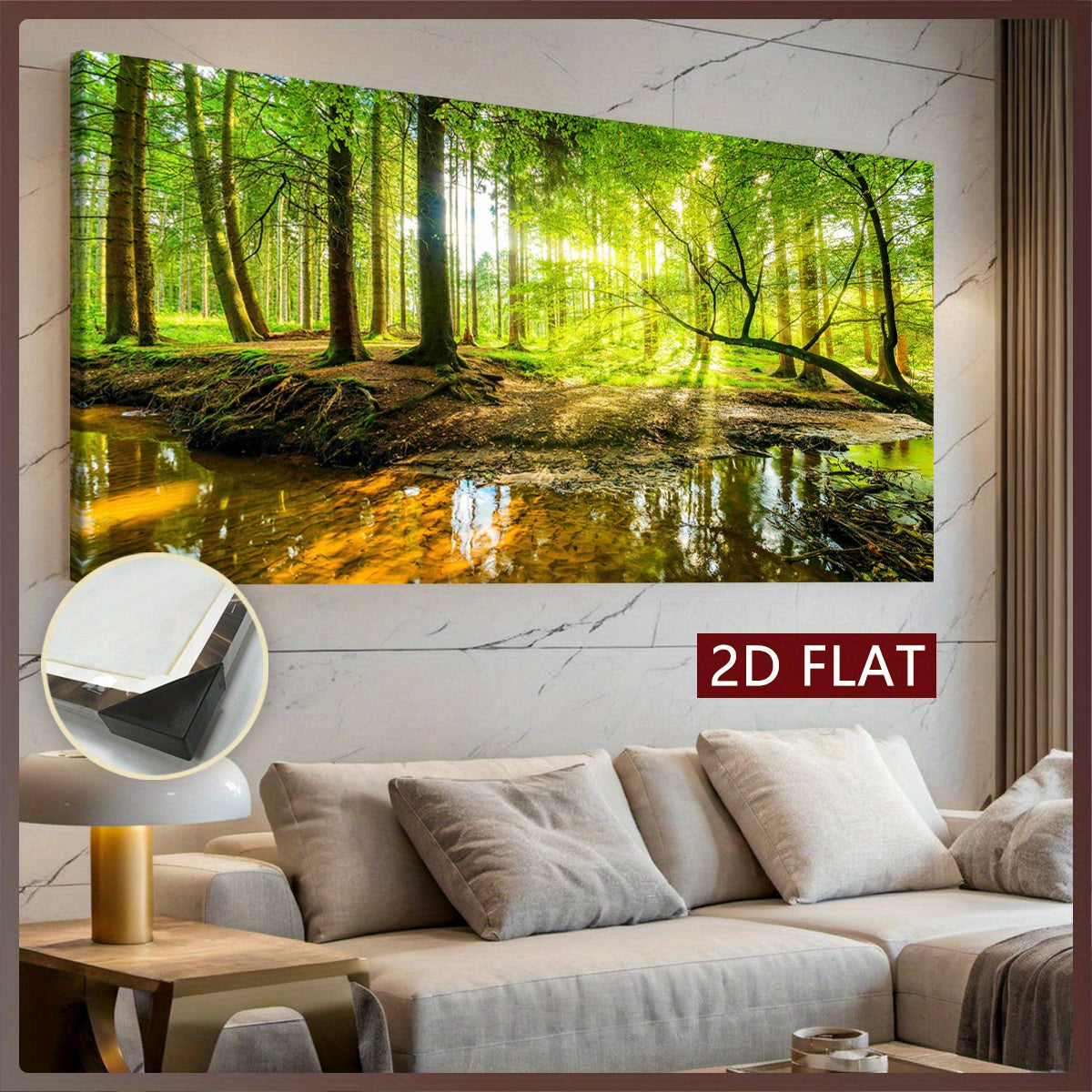 Sunlit Forest Creek Canvas Wall Art, Lush Green Woodland and Calm Water Landscape for Nature Decor — artwork and room preview