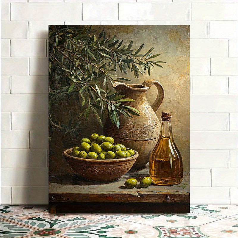 Olive Branch Still Life Canvas Wall Art, Rustic Pottery Green Olives and Oil Bottle for Kitchen — artwork and room preview