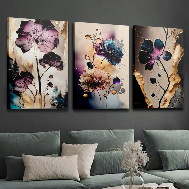 Abstract Floral Canvas Wall Art Set of 3, Purple Blue and Pink Flowers with Gold Tone Accents — artwork and room preview