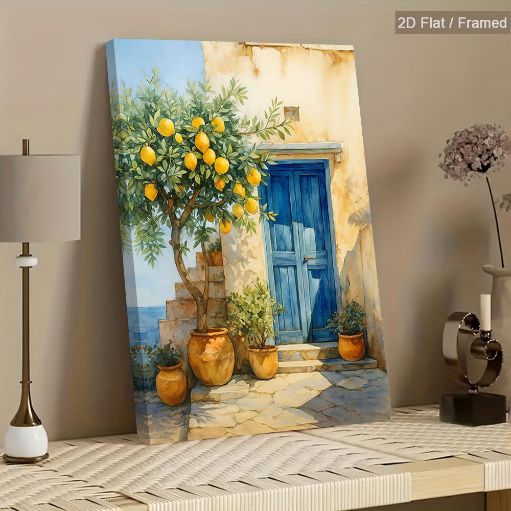 Lemon Tree and Blue Door Canvas Wall Art, Sunny Mediterranean Courtyard with Terracotta Pots — artwork and room preview