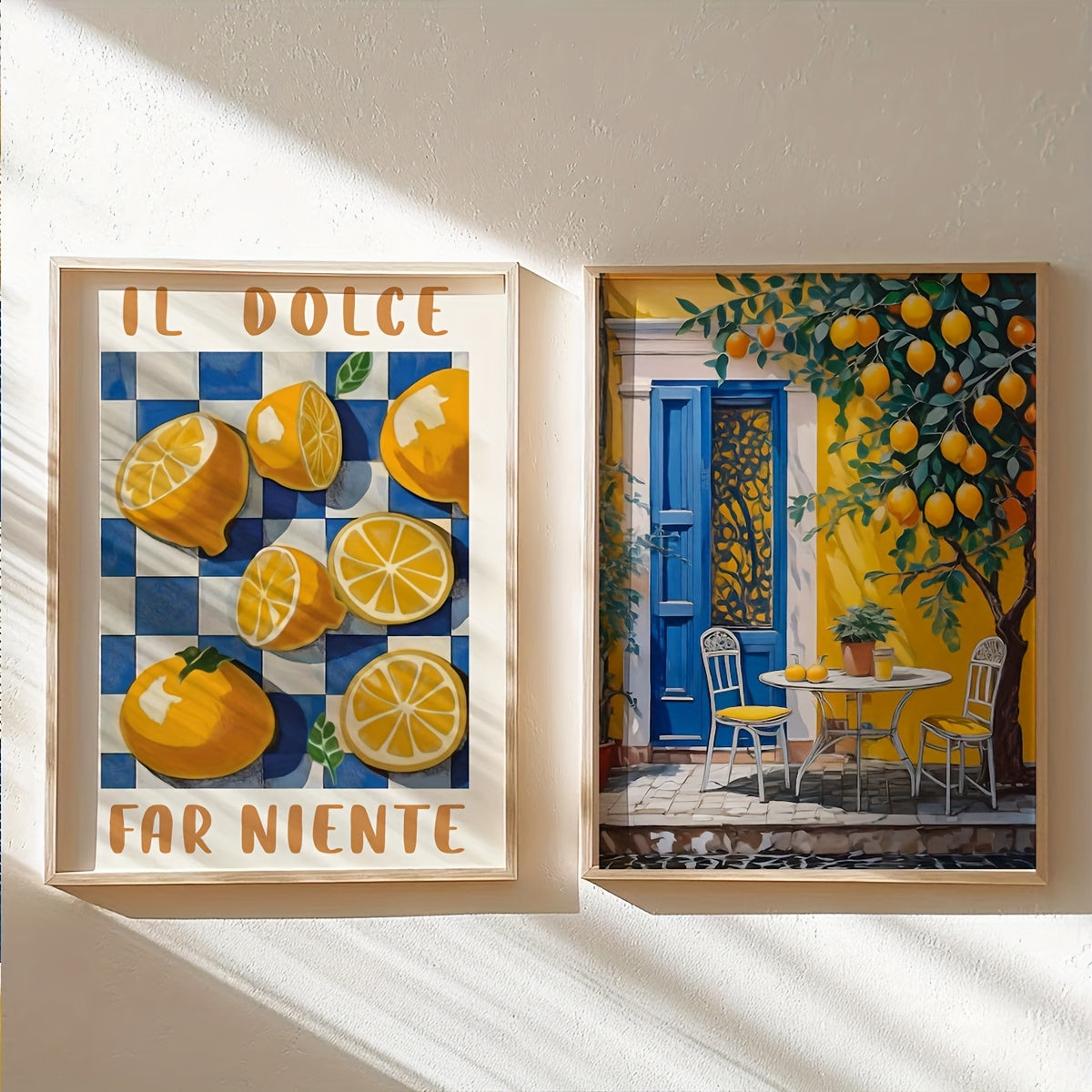Italian Summer Canvas Wall Art Set of 2, Blue and Yellow Lemon Print and Mediterranean Doorway Scene — artwork and room preview