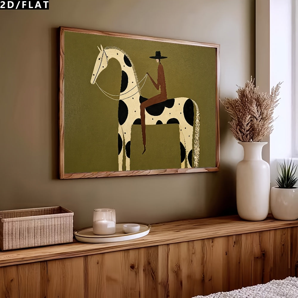 Western Cowboy and Spotted Horse Canvas Wall Art, Retro Minimalist Illustration on Olive Green — artwork and room preview