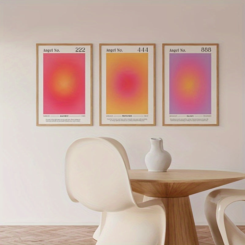 Angel Numbers Canvas Wall Art Set of 3, Pink Orange and Purple Aura Gradients for Bedroom Decor — artwork and room preview