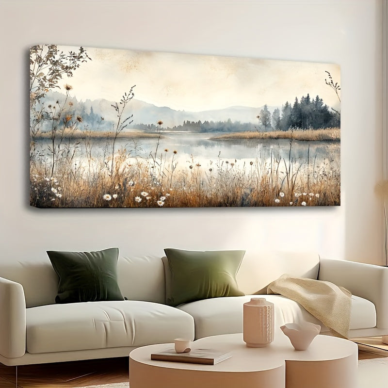 Serene Lake Canvas Wall Art, Soft Meadow Wildflowers and Distant Forest in a Neutral Landscape — artwork and room preview