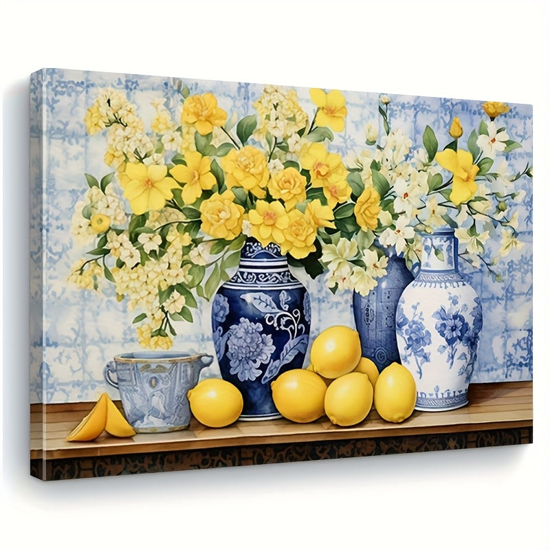 Yellow Flowers and Lemons Canvas Wall Art, Blue and White Vases in a Country Kitchen Still Life — artwork and room preview