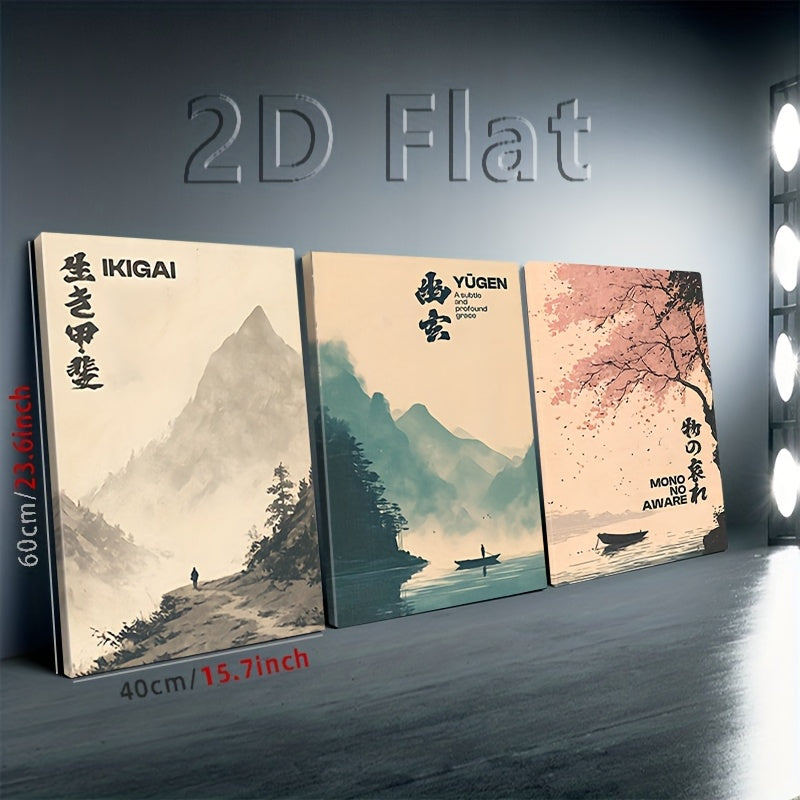 Japanese Landscape Canvas Wall Art Set of 3, Zen Mountains Lake and Cherry Blossoms in Soft Colors — artwork and room preview