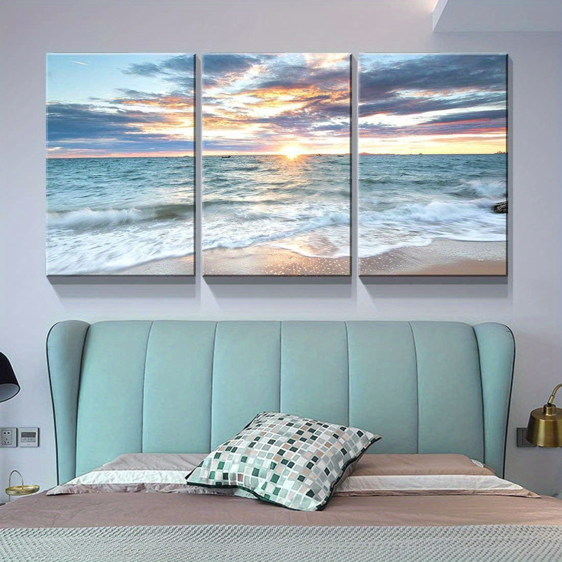 Ocean Sunset Canvas Wall Art Set of 3, Calm Blue Waves and Pastel Coastal Sky for Bedroom — artwork and room preview