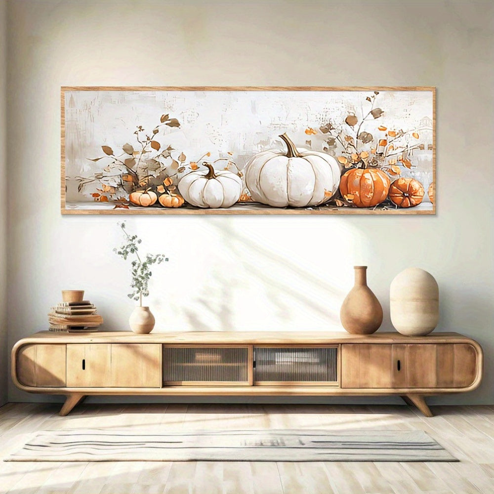 Autumn Pumpkin Still Life Canvas Wall Art, White and Orange Pumpkins with Falling Golden Leaves — artwork and room preview