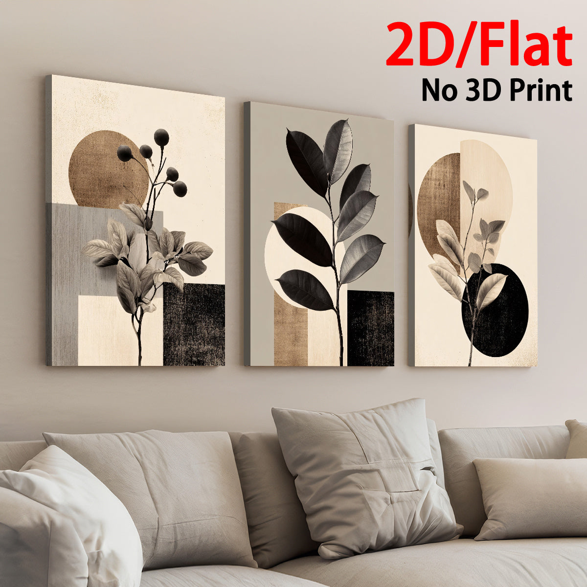 Neutral Boho Botanical Canvas Wall Art Set of 3, Minimalist Leaves and Abstract Earth Tone Shapes — artwork and room preview
