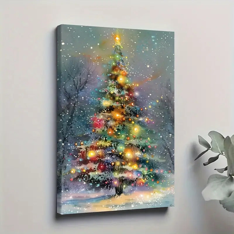 Christmas Tree Canvas Wall Art, Colorful Festive Lights and Snowy Winter Landscape for Living Room — artwork and room preview