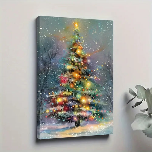 Christmas Tree Canvas Wall Art, Colorful Festive Lights and Snowy Winter Landscape for Living Room — artwork and room preview