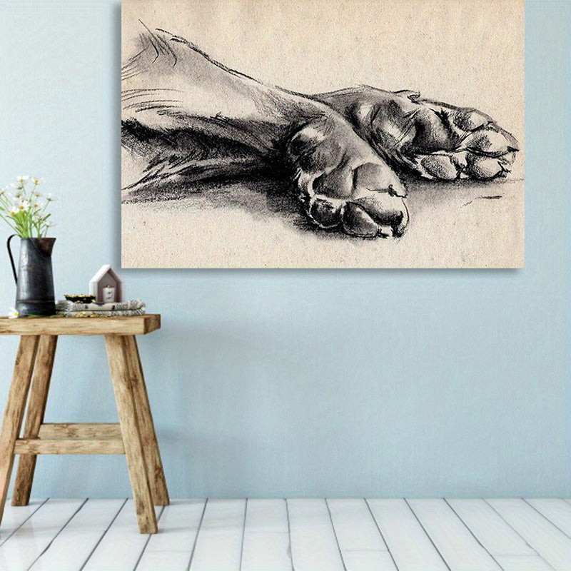 Dog Paws Canvas Wall Art, Minimalist Charcoal Style Pet Sketch on a Light Neutral Background — artwork and room preview