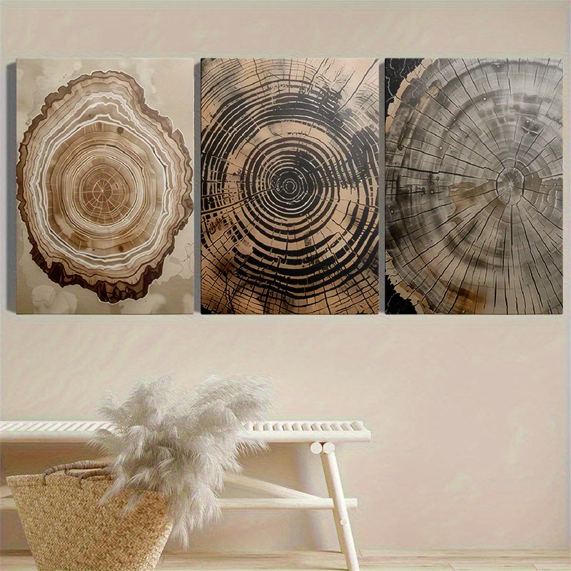 Abstract Tree Ring Canvas Wall Art Set of 3, Natural Wood Grain Circles in Neutral Nordic Tones — artwork and room preview