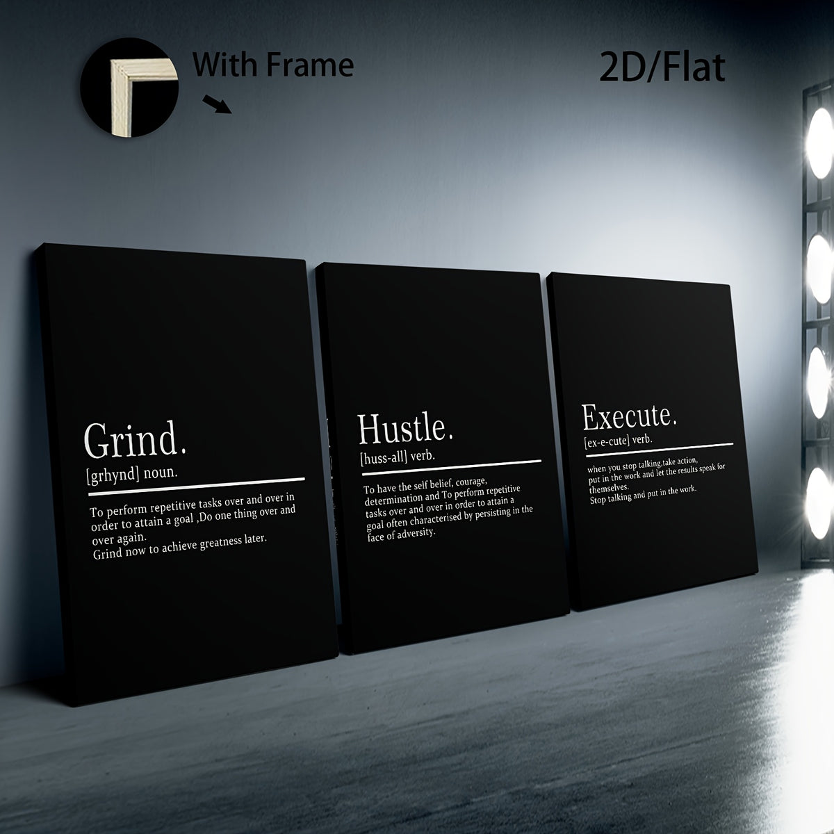 Grind Hustle Execute Canvas Wall Art Set of 3, Black and White Motivational Quotes for Office Decor — artwork and room preview