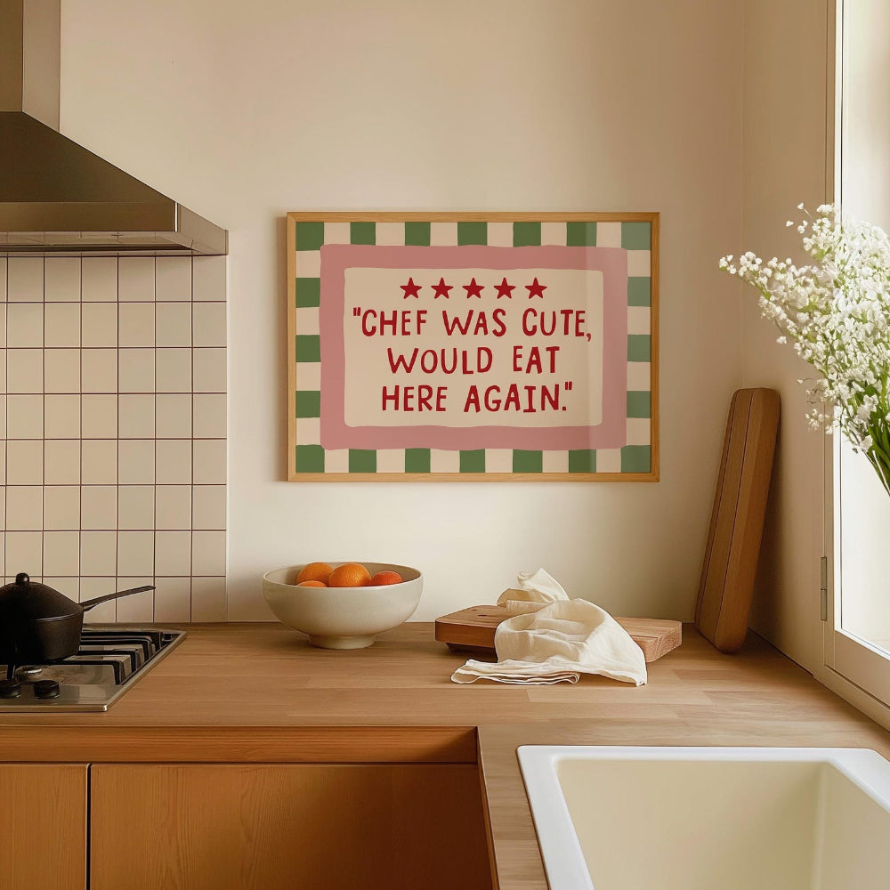 Chef Was Cute Would Eat Here Again Canvas Wall Art, Retro Green Checkered Kitchen Quote — artwork and room preview