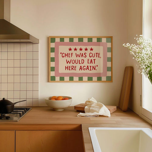 Chef Was Cute Would Eat Here Again Canvas Wall Art, Retro Green Checkered Kitchen Quote — artwork and room preview