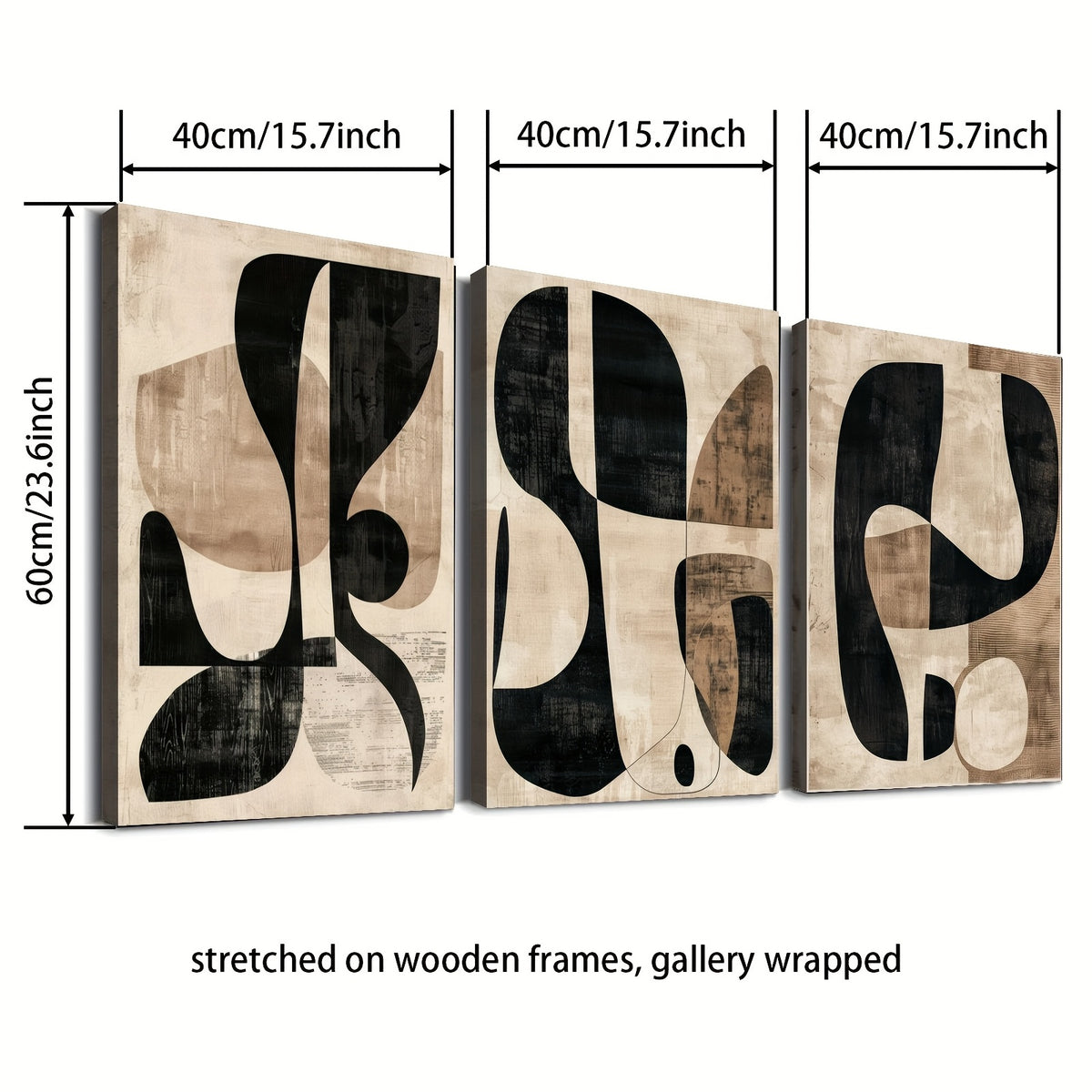 Black and Beige Abstract Canvas Wall Art Set of 3, Minimalist Curved Shapes for Modern Interiors — artwork and room preview