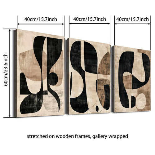 Black and Beige Abstract Canvas Wall Art Set of 3, Minimalist Curved Shapes for Modern Interiors — artwork and room preview