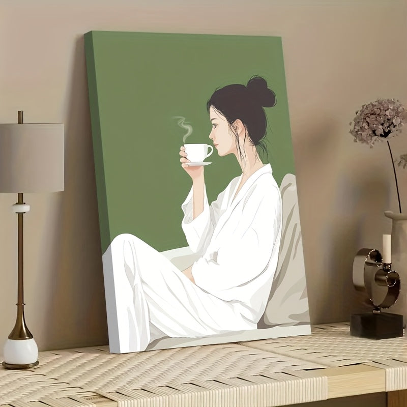 Woman Drinking Coffee Canvas Wall Art, White Robe and Olive Green Background in a Calm Minimalist Style — artwork and room preview