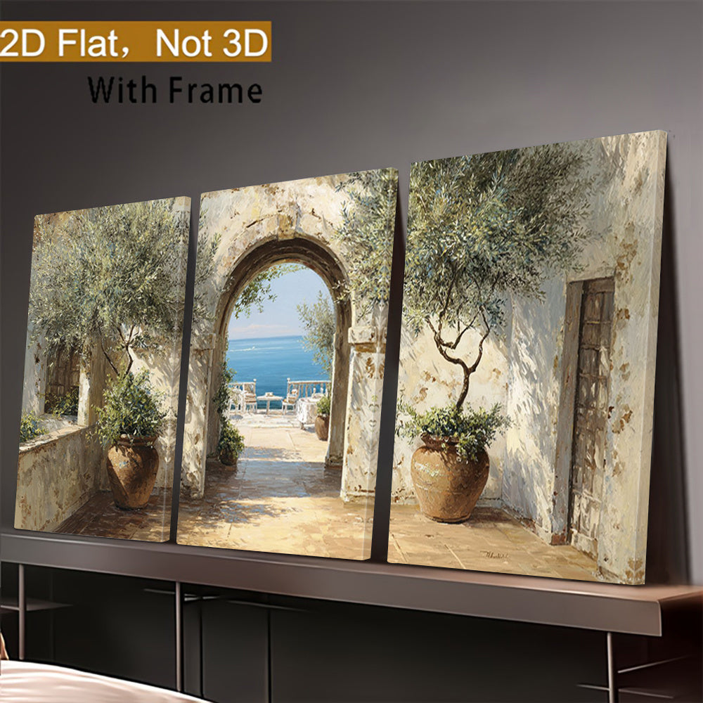 Mediterranean Archway Canvas Wall Art Set of 3, Sunny Coastal View with Olive Trees and Rustic Pots — artwork and room preview