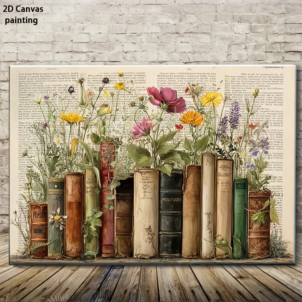 Vintage Books and Wildflowers Canvas Wall Art, Rustic Literary Still Life for Reading Room or Office — artwork and room preview