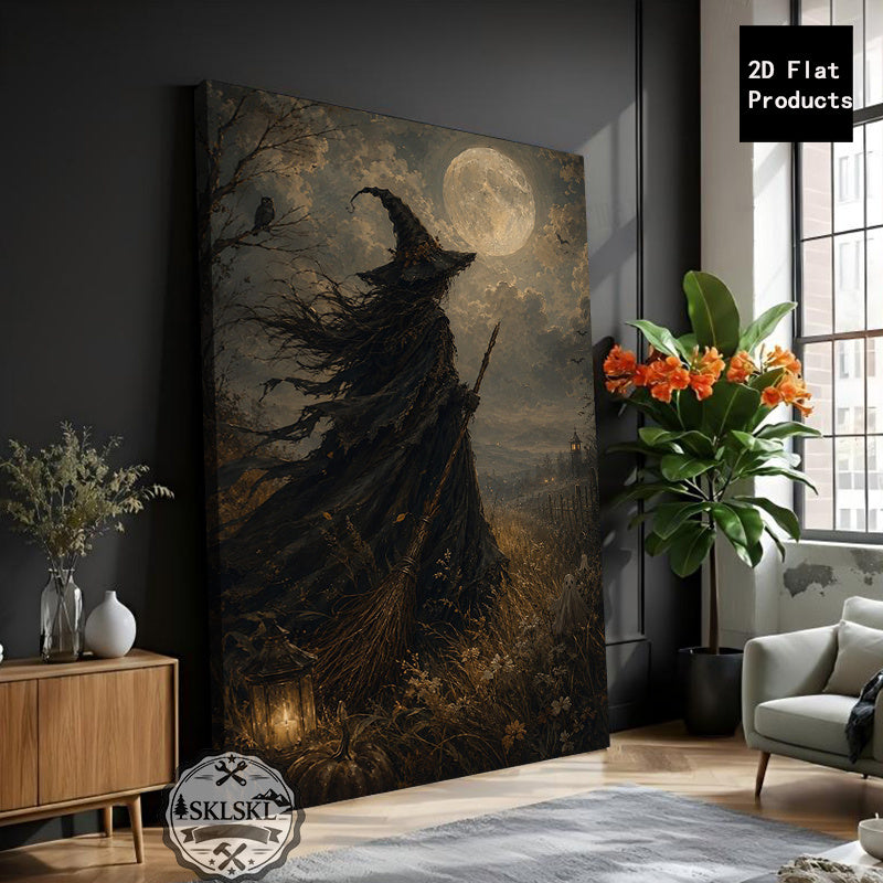 Moonlit Witch Canvas Wall Art, Gothic Silhouette and Bare Trees in a Dark Halloween Landscape — artwork and room preview