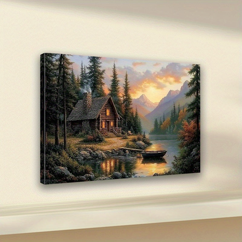 Lakeside Cabin at Sunset Canvas Wall Art — artwork room preview