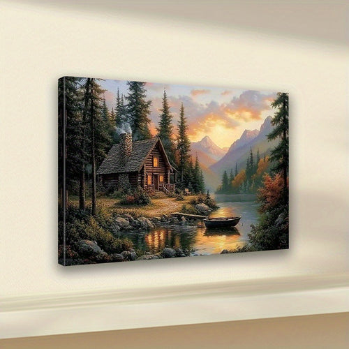 Lakeside Cabin at Sunset Canvas Wall Art — artwork room preview