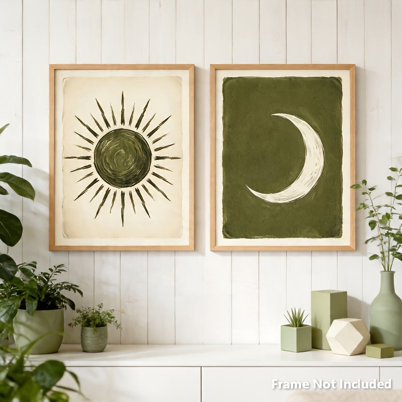 Boho Sun and Moon Canvas Wall Art Set of 2, Olive Green Celestial Prints for Bedroom or Nursery — artwork and room preview