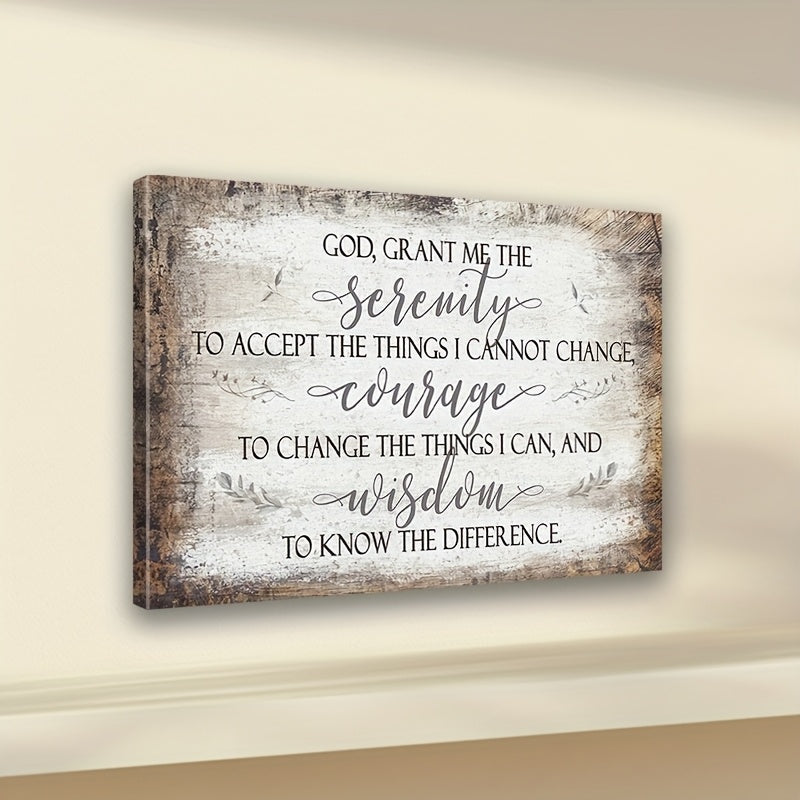 Serenity Prayer Canvas Wall Art, Rustic Christian Typography in Black and White for Home Office — artwork and room preview