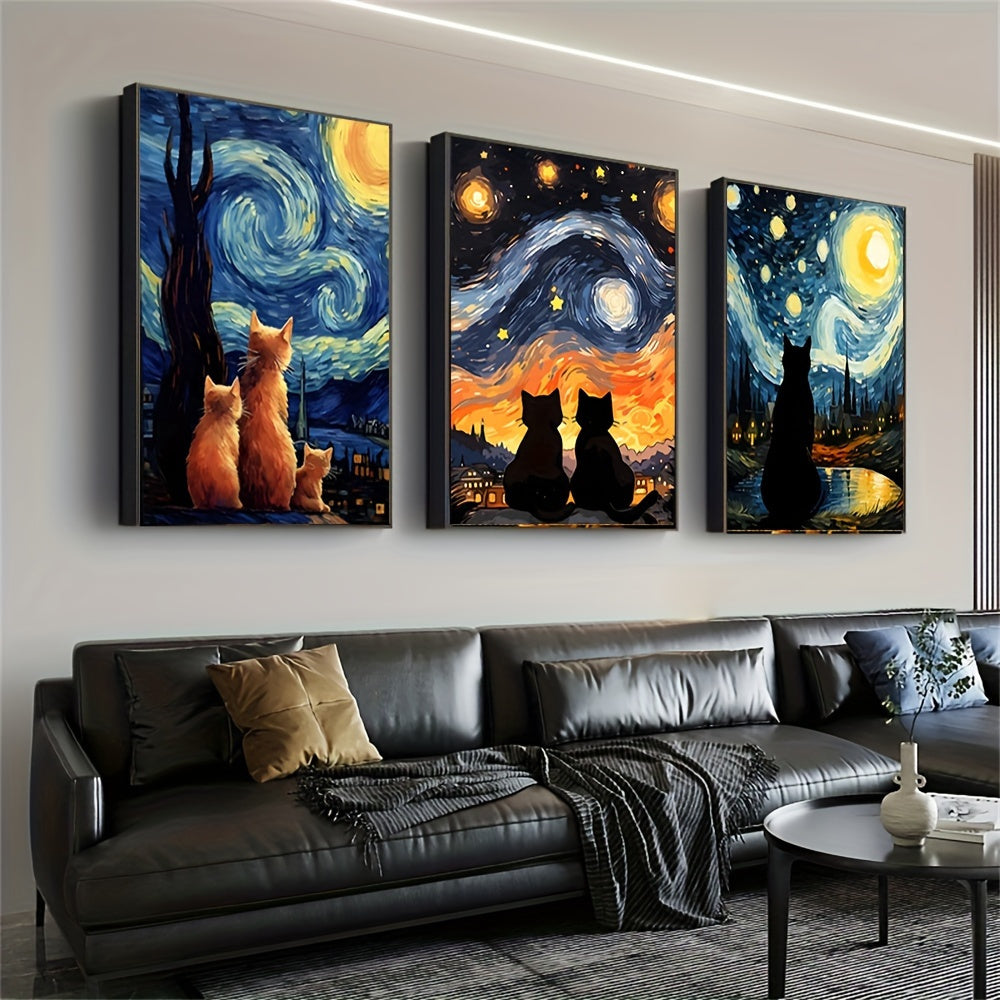 Starry Night Cat Family Canvas Wall Art Set of 3, Colorful Swirling Night Sky and Playful Cats — artwork and room preview