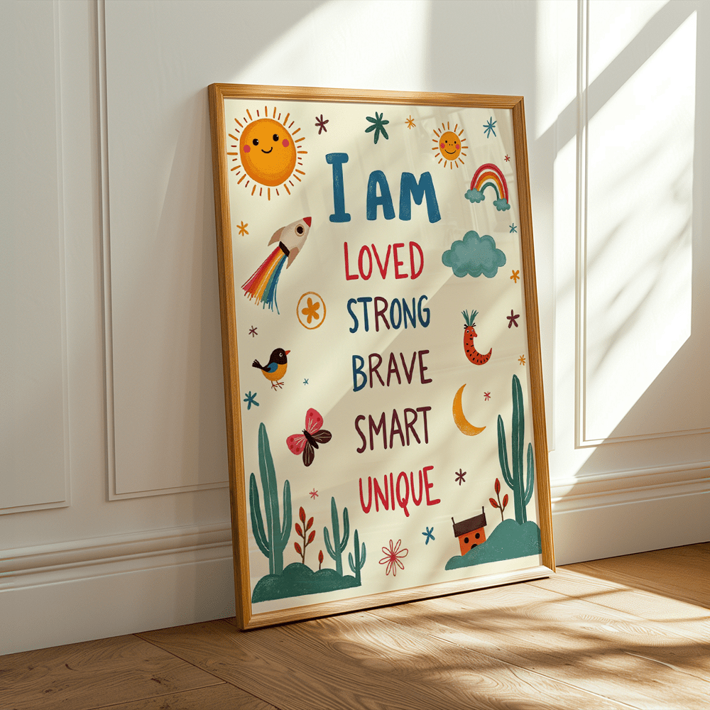 I Am Loved Canvas Wall Art, Colorful Positive Affirmations with Sun Rainbow and Airplane for Kids Room — artwork and room preview