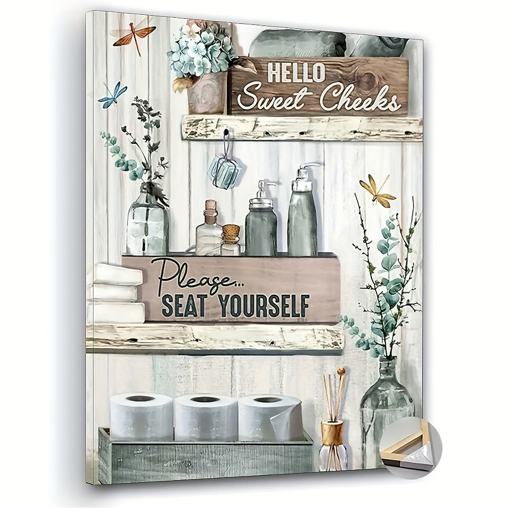 Hello Sweet Cheeks Canvas Wall Art, Rustic Bathroom Shelves and Please Seat Yourself Quote — artwork and room preview