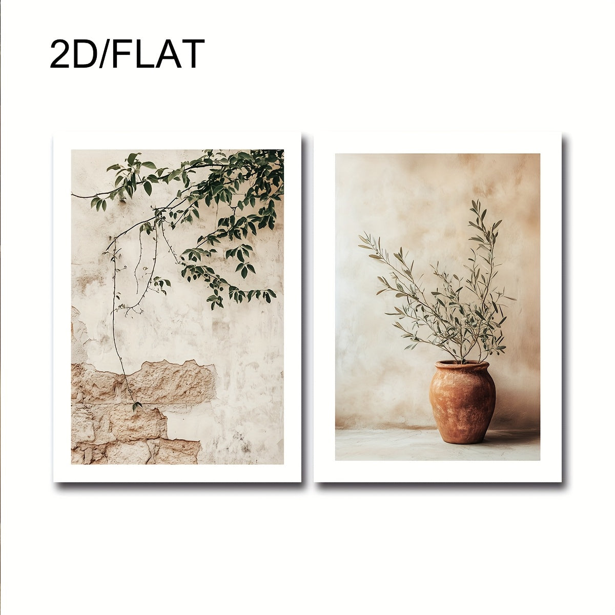 Mediterranean Olive Tree Canvas Wall Art Set of 2, Terracotta Pot and Aged Wall in Neutral Rustic Tones — artwork and room preview