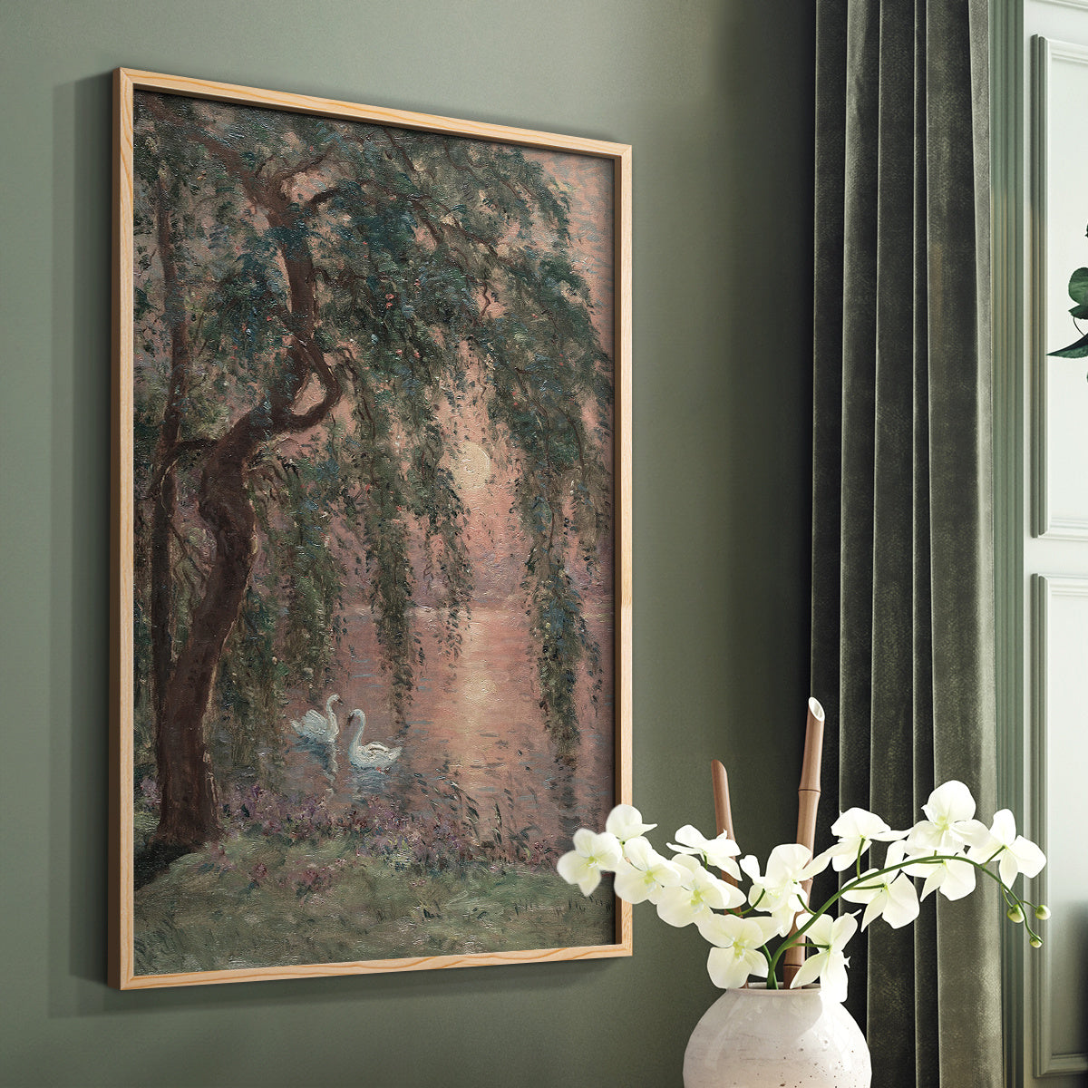 Vintage Swan Woodland Canvas Wall Art, Romantic Forest Landscape in Muted Green and Pink Tones — artwork and room preview