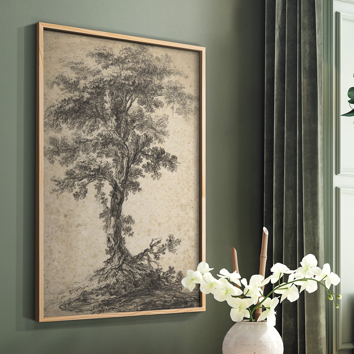 Vintage Tree Canvas Wall Art, Detailed Botanical Landscape in Soft Neutral Tones for Living Room — artwork and room preview