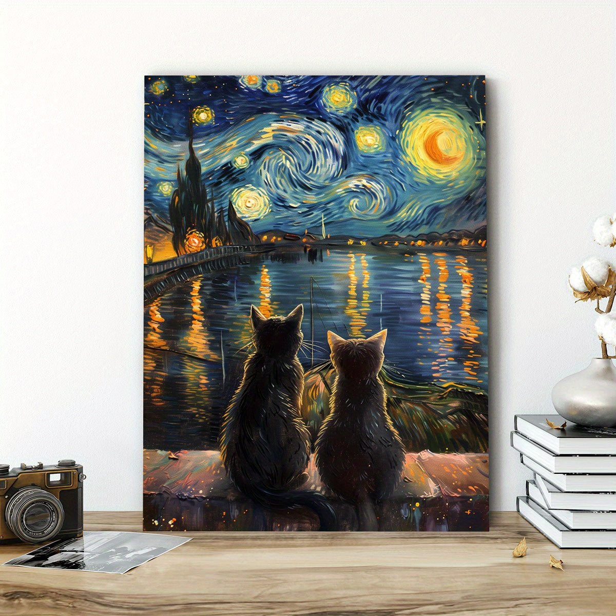 Two Cats Under a Starry Sky Canvas Wall Art, Romantic River Scene in Deep Blue and Golden Yellow — artwork and room preview