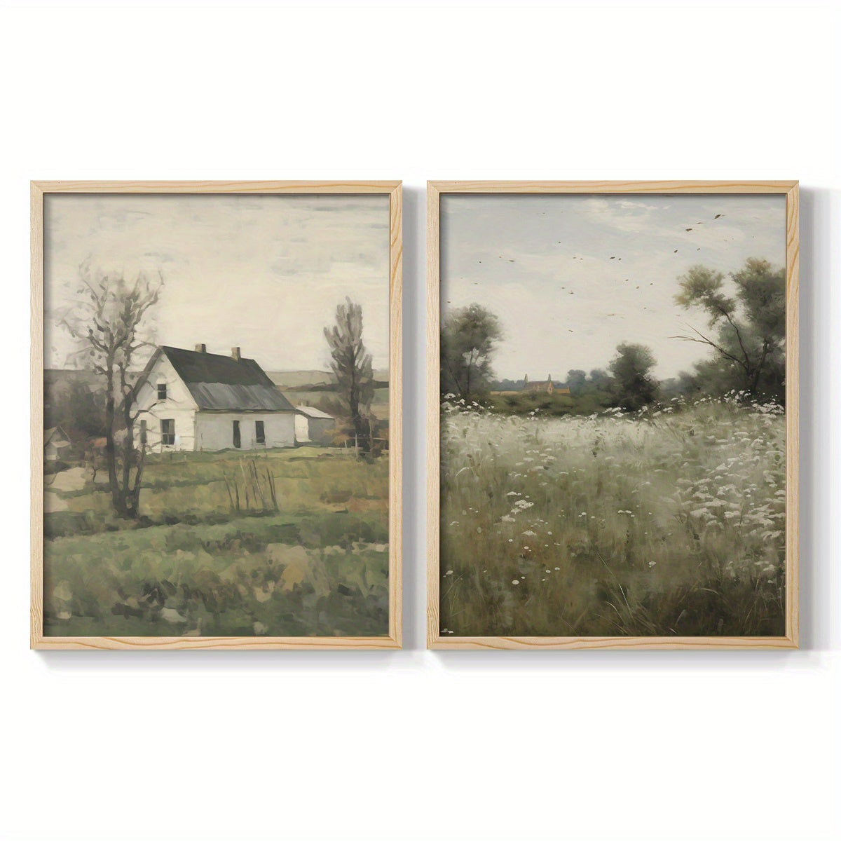 Vintage Country Landscape Canvas Wall Art Set of 2, Rustic Cottage and Meadow in Muted Green Tones — artwork and room preview