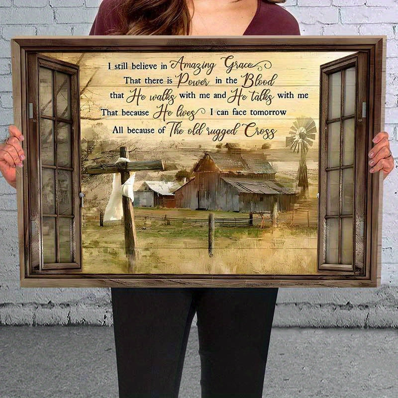 Amazing Grace Farmhouse Canvas Wall Art, Pastoral Barn and Cattle with Christian Inspirational Quote — artwork and room preview