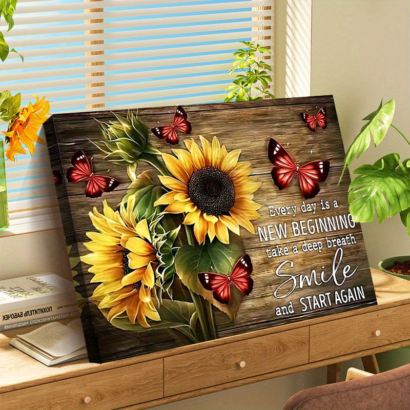 Sunflower and Butterfly Canvas Wall Art, Rustic Yellow Flowers with a New Beginning Quote — artwork and room preview