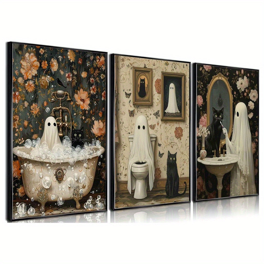 Halloween Ghost Canvas Wall Art Set of 3, Black Cats and Gothic Bathroom Scenes in Vintage Floral Tones — artwork and room preview