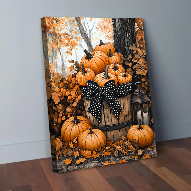 Autumn Pumpkin Canvas Wall Art, Rustic Basket Lantern and Orange Leaves for Farmhouse Decor — artwork and room preview