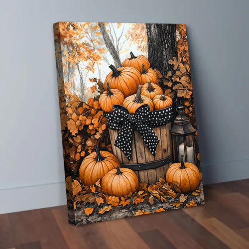 Autumn Pumpkin Canvas Wall Art, Rustic Basket Lantern and Orange Leaves for Farmhouse Decor — artwork and room preview