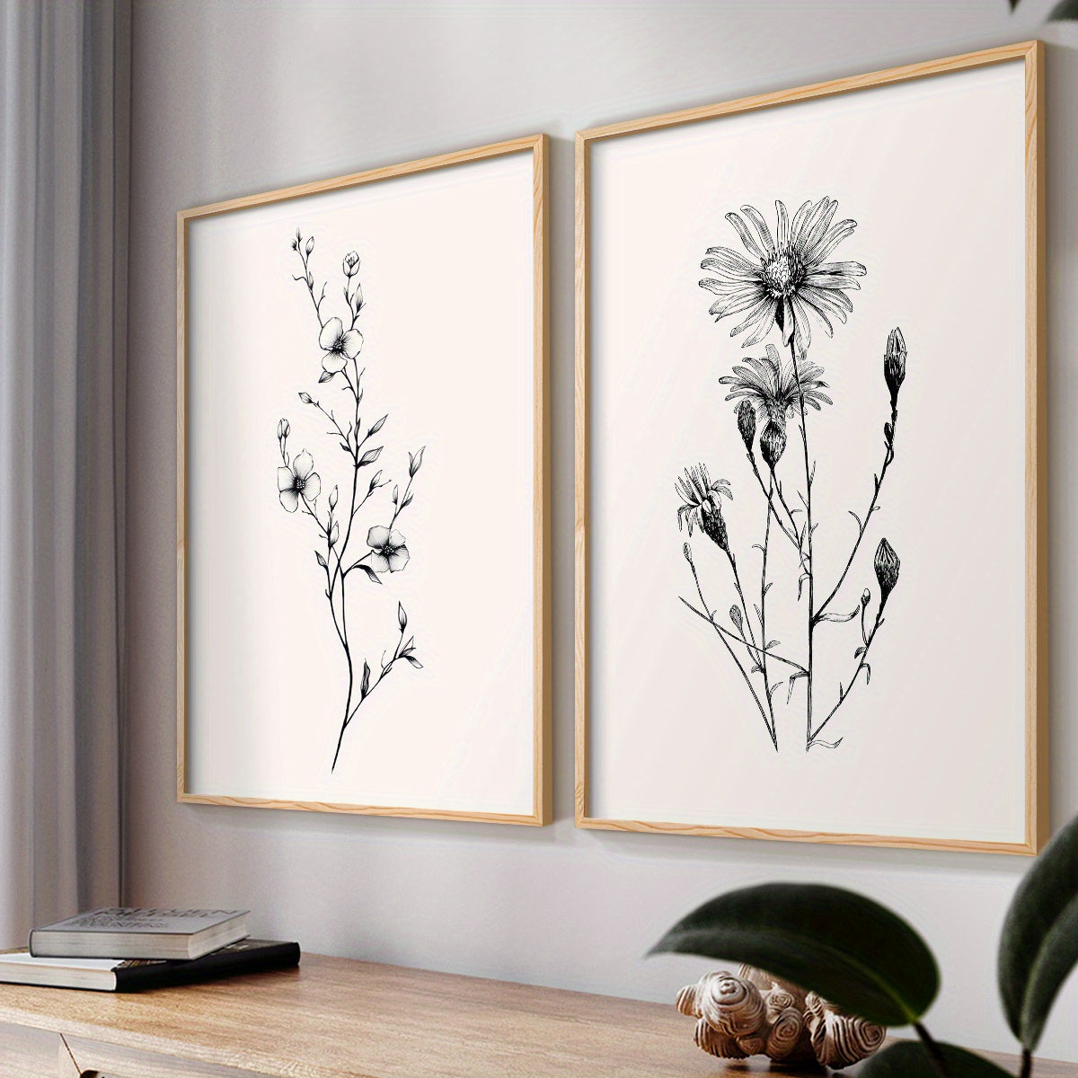 Minimalist Botanical Canvas Wall Art Set of 2, Black Flower Line Prints on Neutral Backgrounds — artwork and room preview