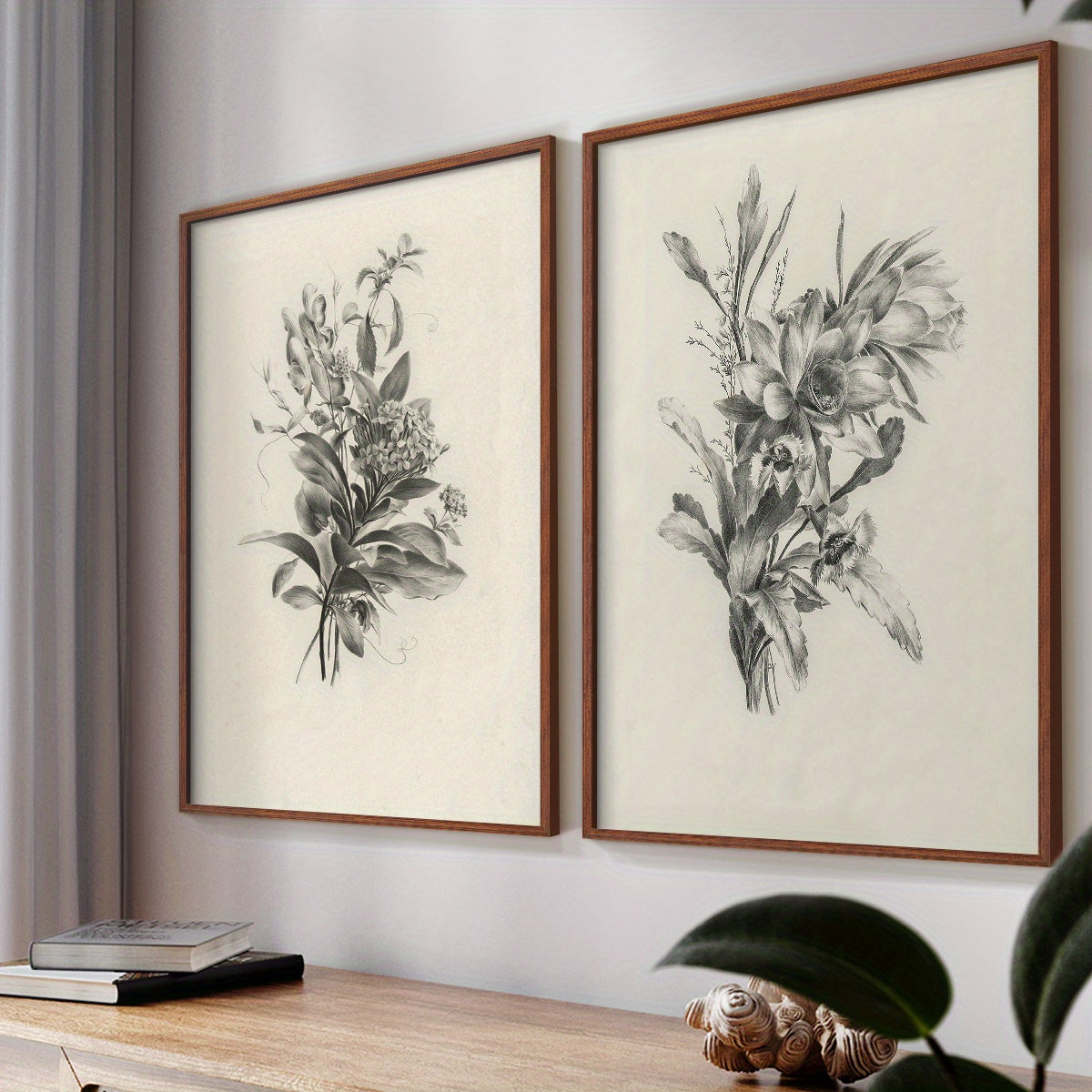 Vintage Botanical Canvas Wall Art Set of 2, Detailed Monochrome Floral Studies for Living Room — artwork and room preview