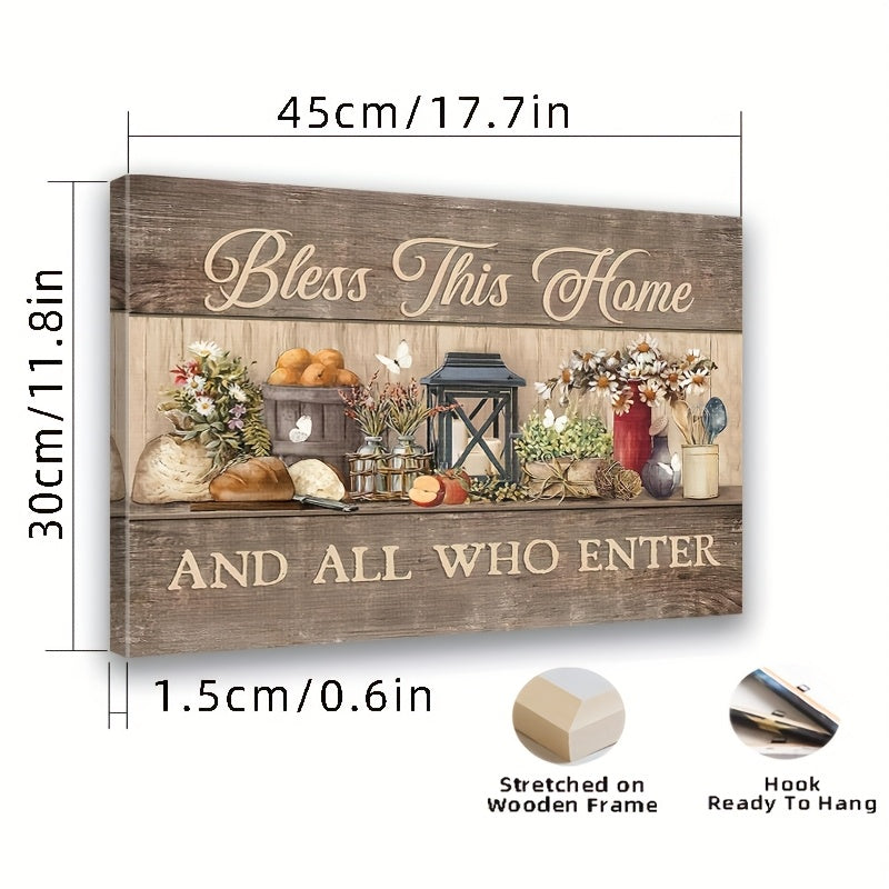 Bless This Home Canvas Wall Art, Rustic Kitchen Shelf with Daisies and Farmhouse Details — artwork and room preview