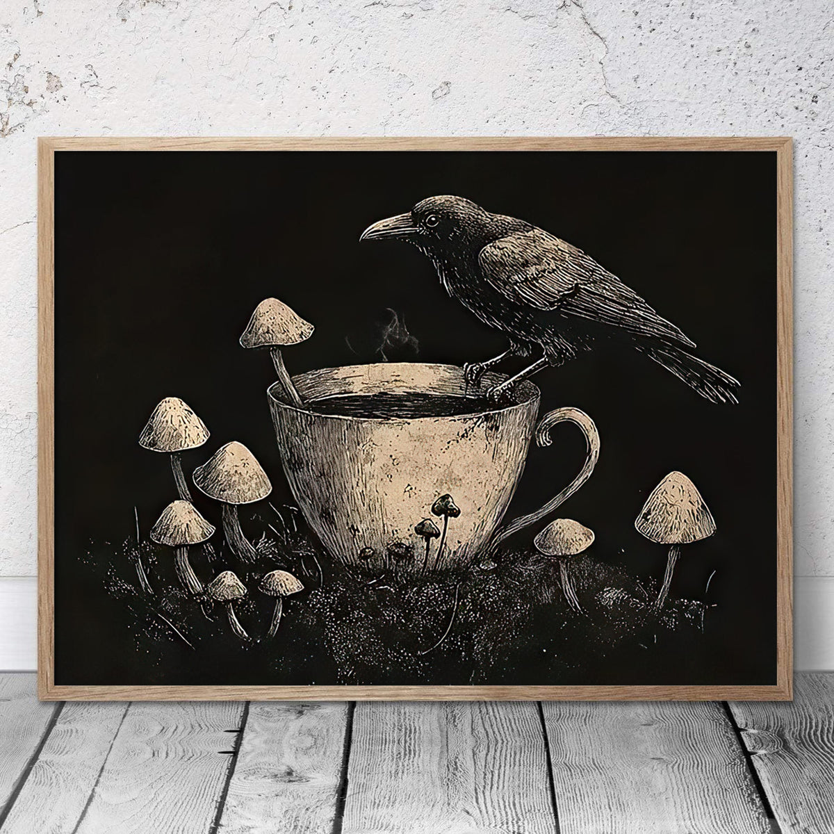 Gothic Crow and Mushrooms Canvas Wall Art, Raven on a Teacup in Dark Vintage Botanical Style — artwork and room preview