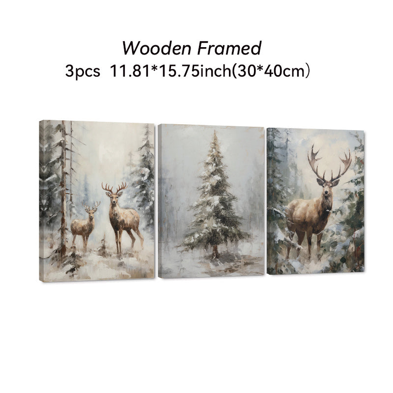 Winter Woodland Canvas Wall Art Set of 3, Deer and Pine Trees in a Peaceful Neutral Forest Scene — artwork and room preview