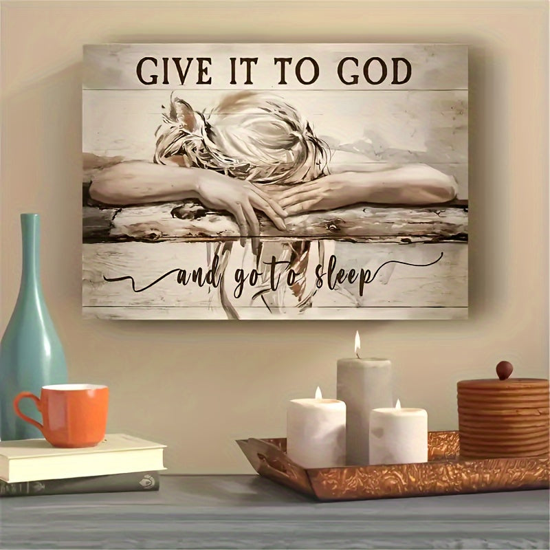 Give It to God and Go to Sleep Canvas Wall Art, Resting Girl and Neutral Rustic Bedroom Quote — artwork and room preview